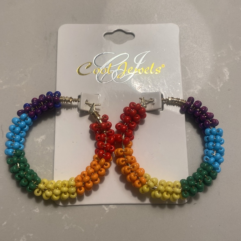 Rainbow Beaded Hoop Earrings. Colorful. Perfect for summer. NWT. - Picture 2 of 3
